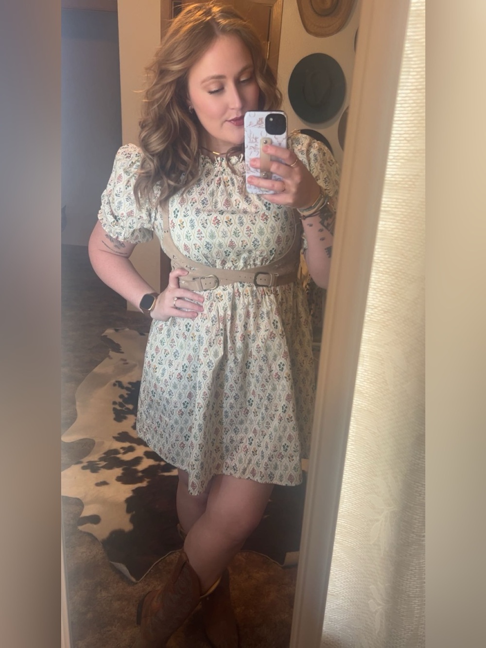 Floral Puff-Sleeve Mini Dress in Cream with Multi-Color Print